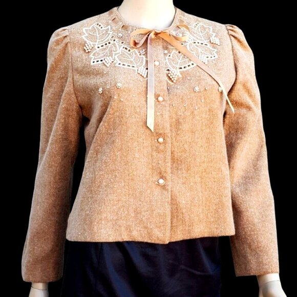 Vintage Sweaters - Vintage 90s Cardigan Jacket Pearl Embellished Beige Wool 6 Small